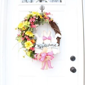 Spring Easter Bunny Welcome Wreath for Front Door